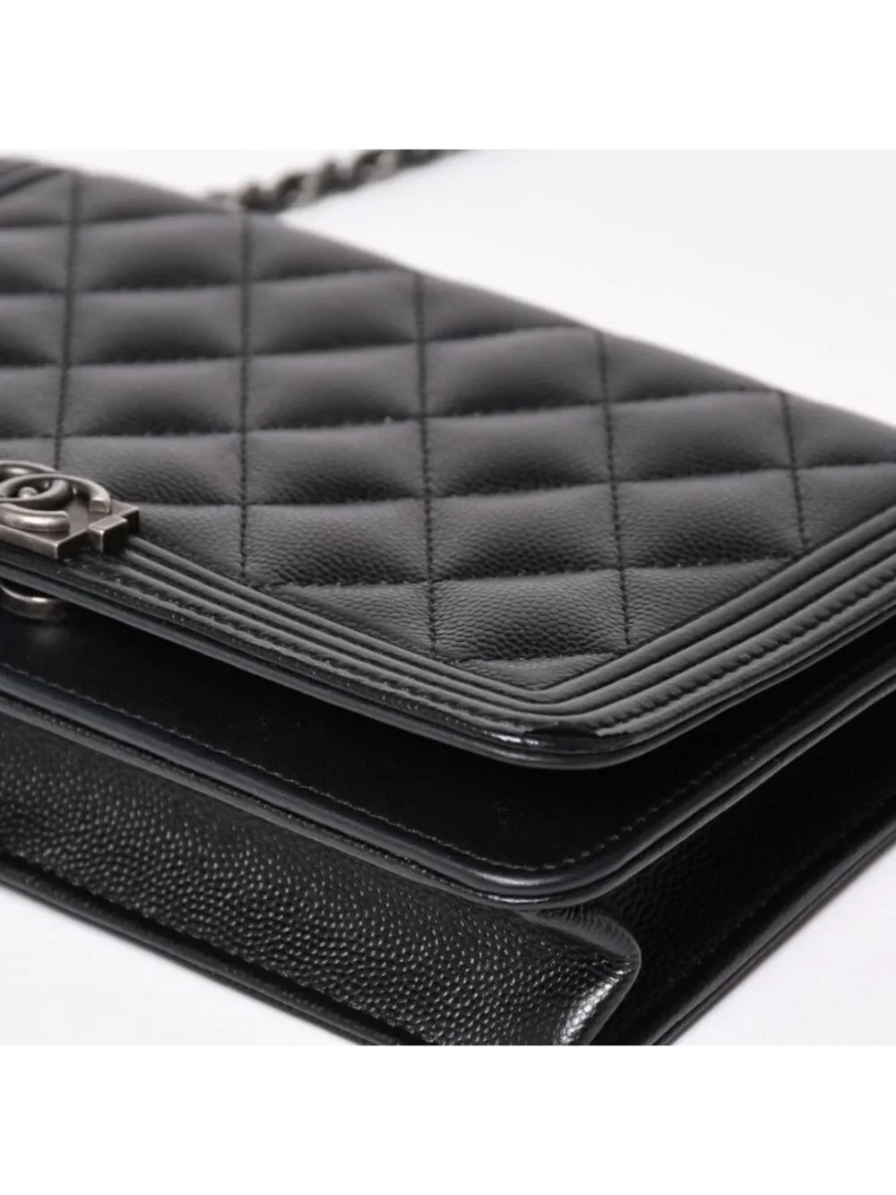 Chanel Boy Chain Shoulder Bag Caviar Leather CC Logo Black Silver